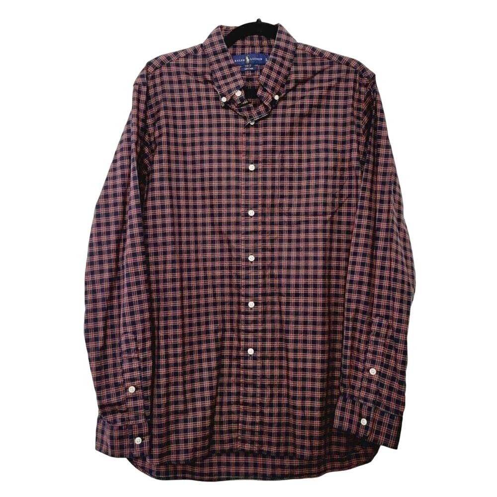 Ralph Lauren Mens Large Navy Red Tartan Plaid Long Sleeve Button Down Shirt